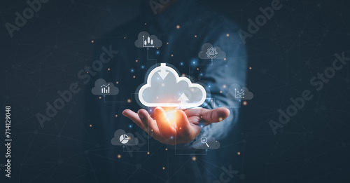 man hand showing virtual cloud icon, concept of Big data storage management digital network connection cloud computing platform technology Computer resources for backup,Technology data transformation photo