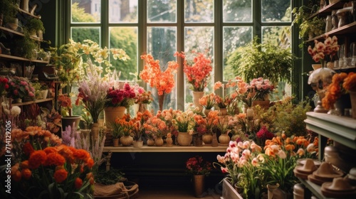 A high angle shot of a display of various flowers and plants inside the Parisian florist © Zephyr-Imagix 
