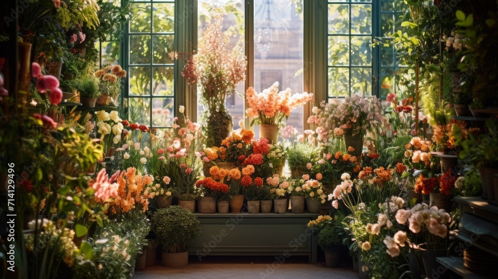 A high angle shot of a display of various flowers and plants inside the Parisian florist A high angle shot of a display of various flowers and plants inside the Parisian florist