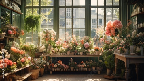 A high angle shot of a display of various flowers and plants inside the Parisian florist
