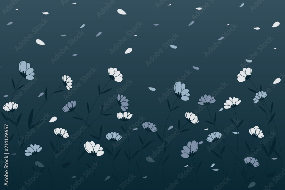Illustration of the flower with the wind blows petals on gradient deep blue background.