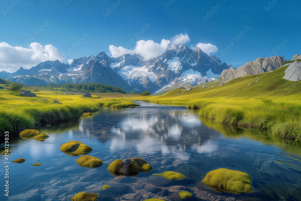Beautiful mountain, river and meadow landscape, nature and clear sky. Generative Ai