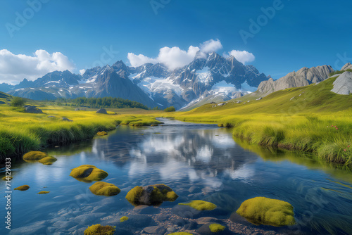 Beautiful mountain, river and meadow landscape, nature and clear sky. Generative Ai