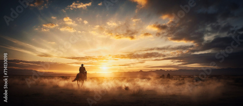 As the sun dips below the horizon, a lone cowboy on horseback rides towards the distant mountains, his silhouette casting a long shadow on the golden fields.