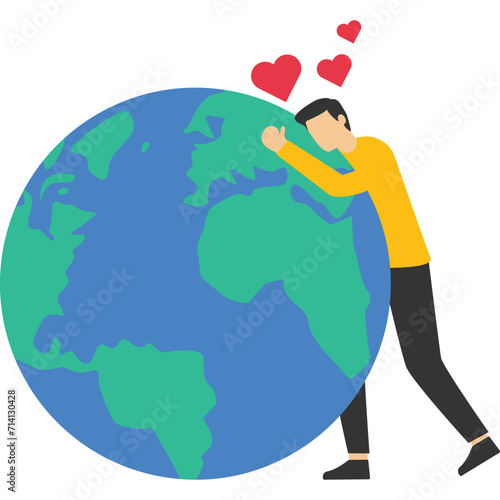 Cute man hugs a globe, care of the planet, flat postcard for the earth day, love is all around the earth, save the planet, Vector illustration design concept in flat style

