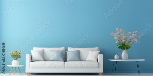 White sofa or couch with side tables on a solid blue background, banner size, fresh and calm interior photo