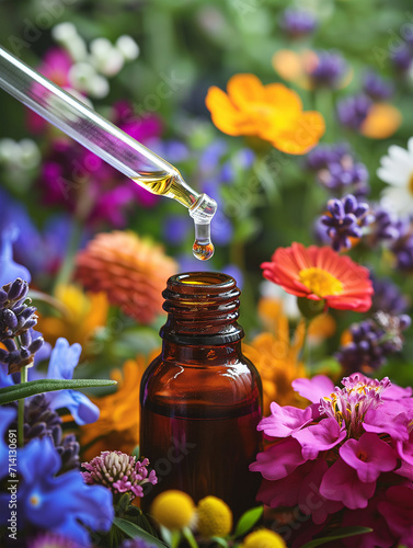 Naturopathic herbal treatment, health care with bach flowers remedy, dropper bottle and pipette; multicolored floral bouquet. Placard for spa and wellness center. Natural medicine; alternative therapy