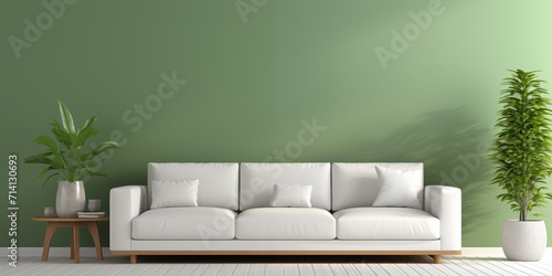 White sofa or couch with side tables on a solid green background, banner size, fresh and calm interior © Katrin_Primak