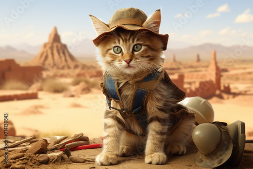 Cute cat in archaeologist suit is working