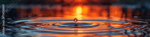 Web Header with water drop falling in the calm sea at sunset with reflections of light. Website banner for a spa, wellness center; calming rhythm concept. Zen tranquil visual to meditate; relaxation