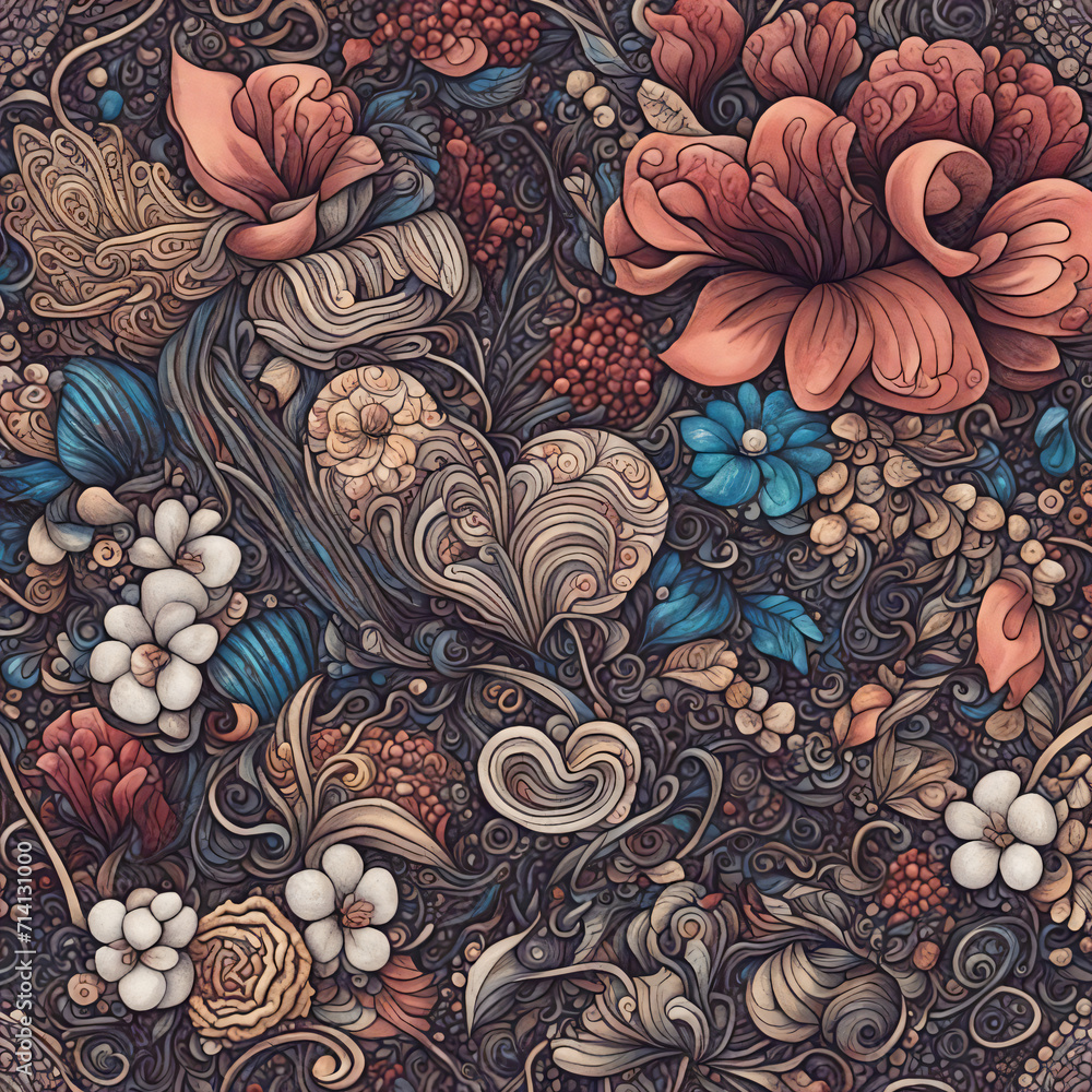 Valentine's Day Intricate floral pattern showcases vibrant elegance. Detailed illustration features diverse botanicals. Blossoms, leaves create harmonious composition. Vintage design Valentine's Day Intricate floral pattern showcases vibrant elegance. Detailed illustration features diverse botanicals. Blossoms, leaves create harmonious composition. Vintage design