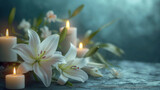 Beautiful white lilies and burning candles on a mourning black background with space for text	