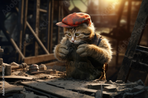 Cute cat in construction worker suit wearing cap works photo