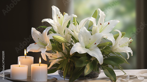 Beautiful white lilies and burning candles on a mourning black background with space for text	