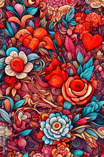 Valentine's Day love, romance through intertwining hearts, flowers. Detailed design features varied floral elements, intricate patterns. Colorful palette includes red, blue, green, pink, orange