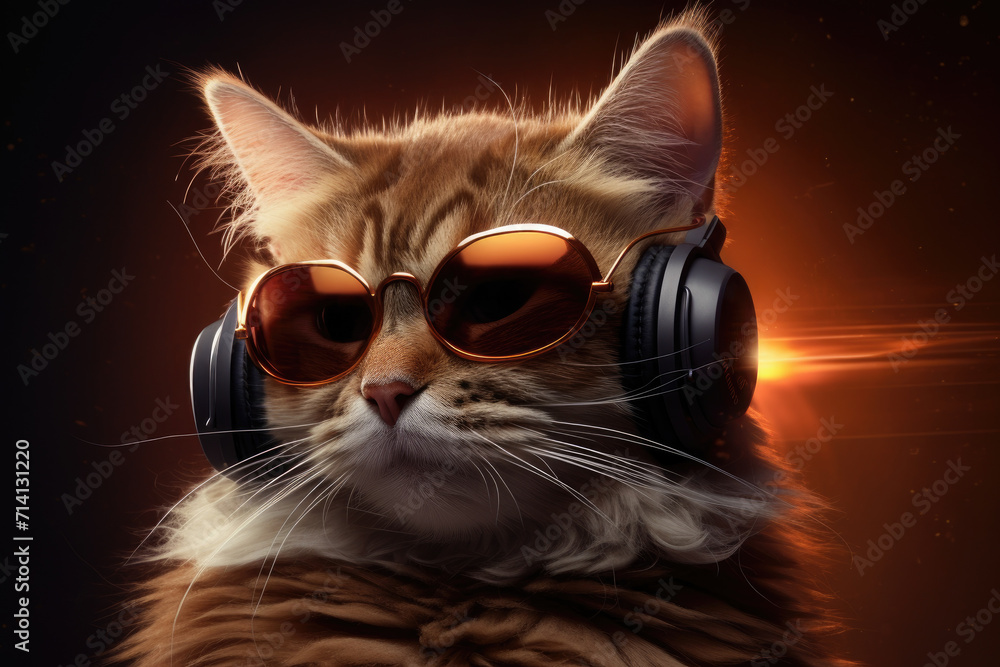 Cute dj cat wearing headphones plays music