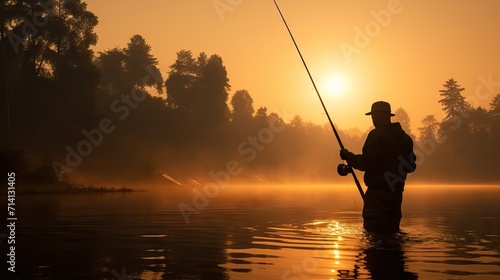  a man is holding a fishing pole near a lake, in the style of precisionist lines, sculpted, fujifilm pro 400h, uhd image, pictorial storytelling, backlit photography,