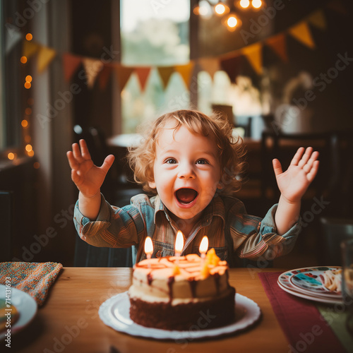 Kindergeburtstag eines fröhliche 3 jährigen mit Torte photo