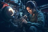 Asian Female helicopter mechanic checking parts with flashlight
