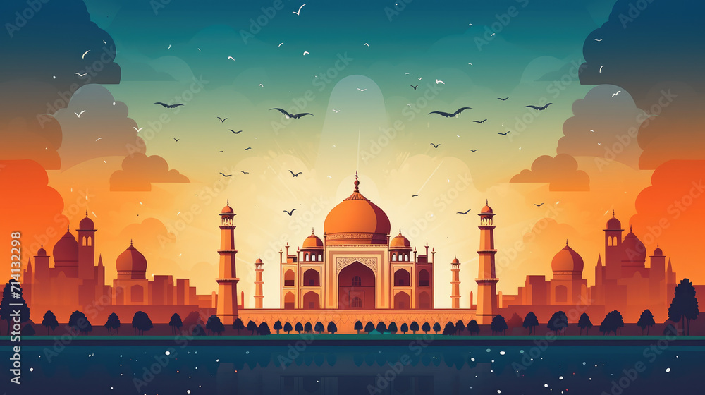 Dark background and Taj Mahal illustration, India Independence Day Celebration design. Generative ai - obrazy, fototapety, plakaty 