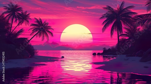 Sunset on the beach 80's retro made with Ai generative technology