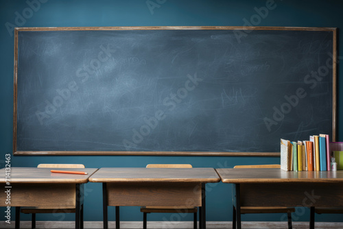 Dark blue big blackboard and wooden table background, back to school. Generative ai