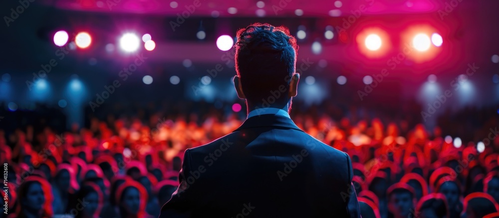 Motivational speaker discussing happiness, self, success, empowerment, efficiency, health, and productivity on stage in a large conference hall with cinematic lighting. - obrazy, fototapety, plakaty 