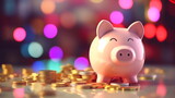 Piggy bank and coins with bokeh background : savings concept. AI Generative.
