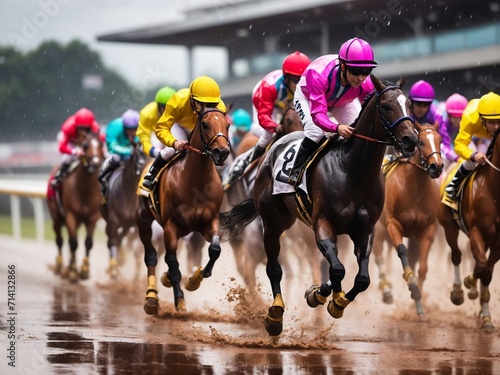 "Spirited Colors in the Rain: Dynamic Hues of Horse Racing Drama" © Chathura