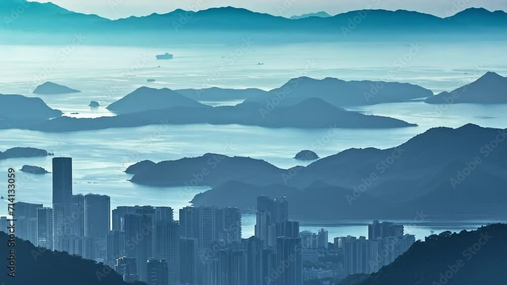 Aerial upward shot of mountain landscape and city skyline at sunrise