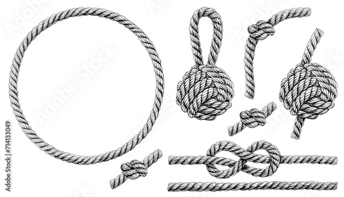 Set of knotted ropes cords monkey fist knot, eight knots. Nautical thread whipcord with loops and noose. Rope cord Twisted Round frame. Illustration hand drawn graphic isolated background.