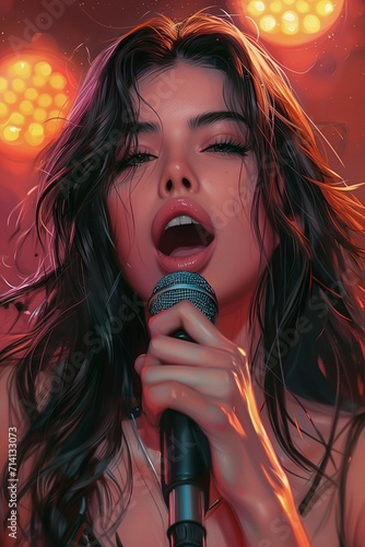 Beautiful brunette woman sings karaoke while holding a microphone in her hands at a karaoke bar © yevgeniya131988