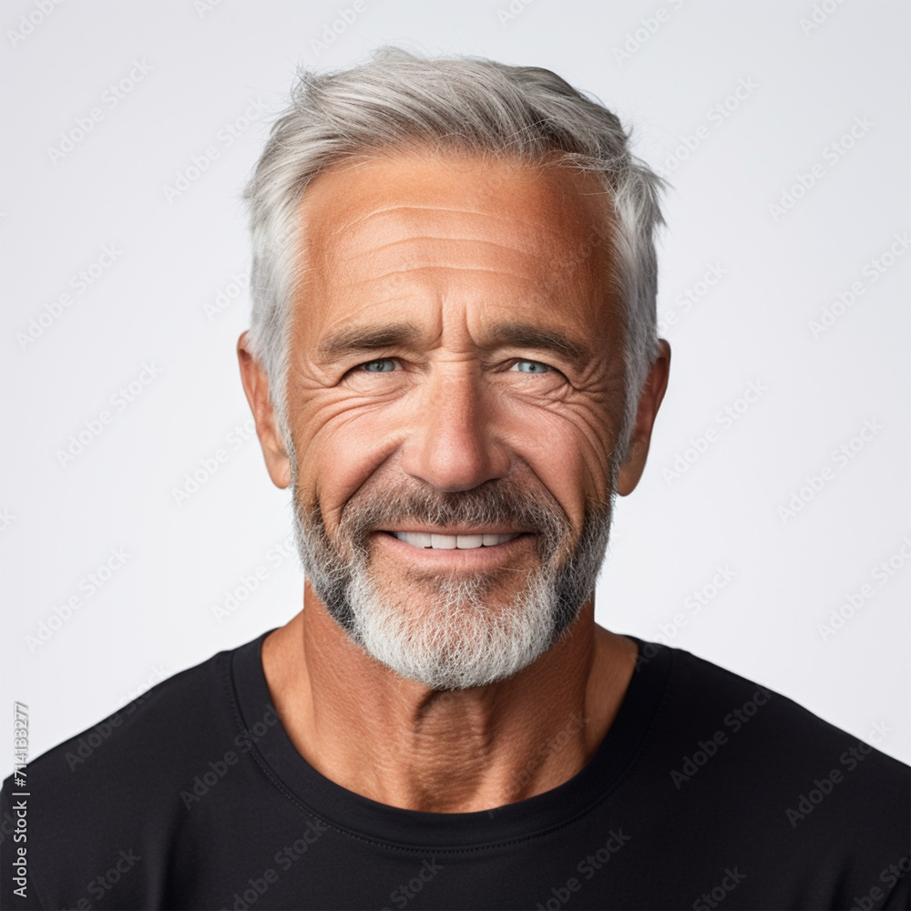 Studio portrait of a older man smiling with a modern haircut. Advertisement for dental, business, studio, etc. Studio portrait of a older man smiling with a modern haircut. Advertisement for dental, business, studio, etc.
