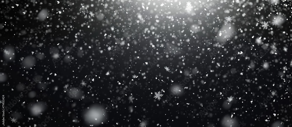 High quality, dense falling snow on black background. Snowfall with transparency.