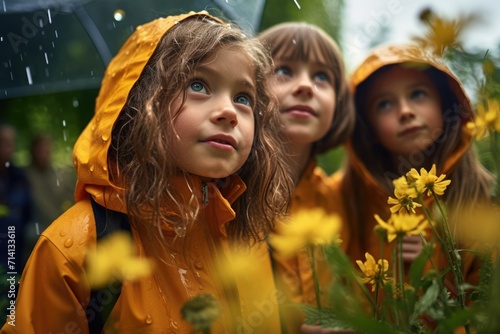 A group of happy children are seen playing in nature, wearing rain boots and waterproof clothing, jumping and splashing in the muddy ground | Exploring Nature with Galoshes and Raincoats