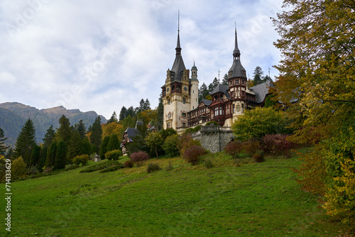 Peles Castle in Romania on a cloudy autumn day