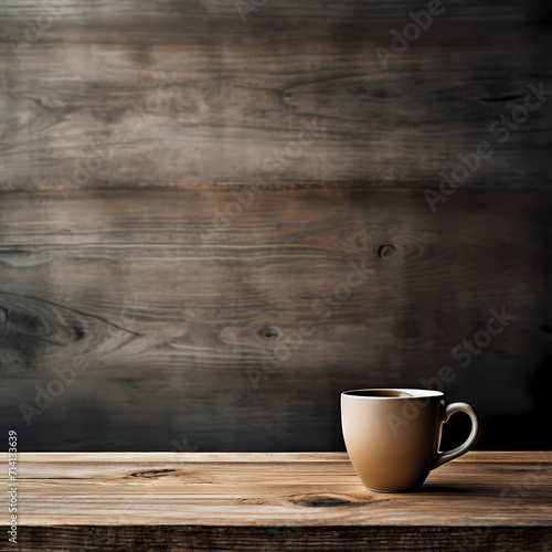 Minimalist coffee cup on a rustic wooden table.