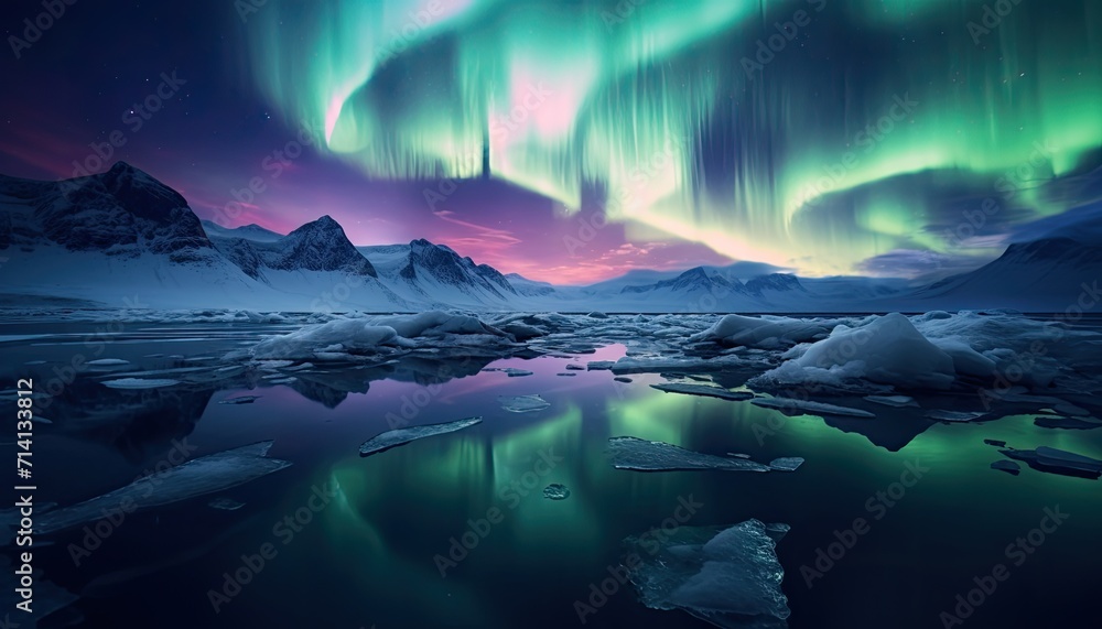 Fototapeta premium View of night sky with multicolored aurora borealis and snowy mountains peak background. Night glows in vibrant aurora reflection on the lake with forest. 