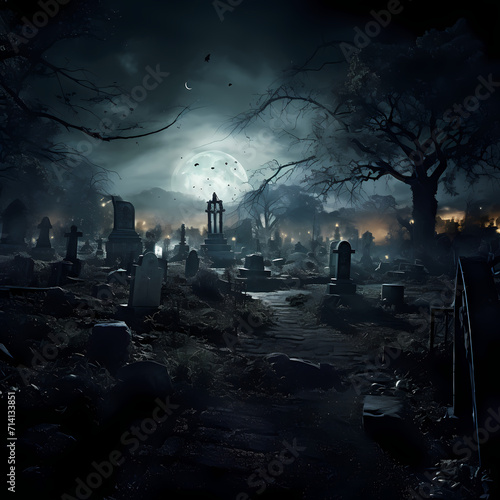 Moonlit graveyard with ghostly apparitions.