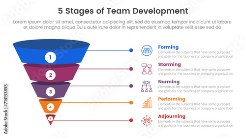 5 stages team development model framework infographic 5 point stage template with funnel 3d shadow dimension shape for slide presentation