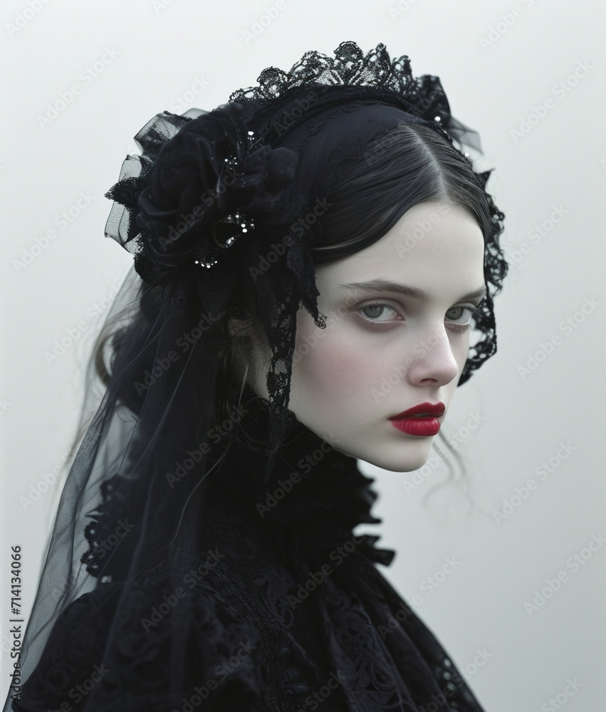 Portrait of beautiful gothic woman in black dress and veil, vintage style