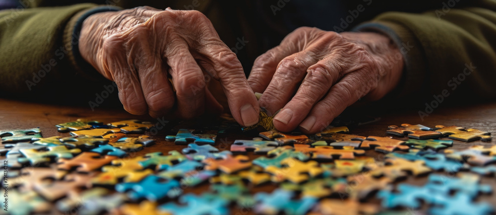 Aged hands engaging a puzzle, an intimate moment of memory, focus, and the quiet battle against time