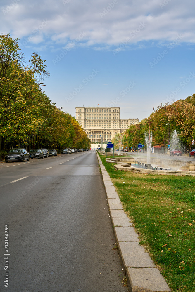 Street with fountains leading up to the Palace of the Parliament in Bucharest, Romania