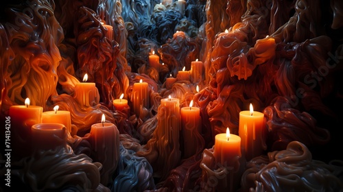 A top-down view of a cluster of melting candles, capturing the interplay of wax as it merges and separates.