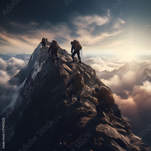 Mountain climbers reaching the summit.