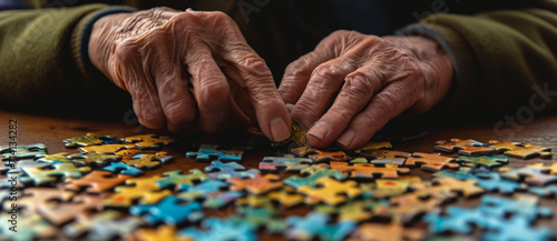 Aged hands engaging a puzzle, an intimate moment of memory, focus, and the quiet battle against time photo