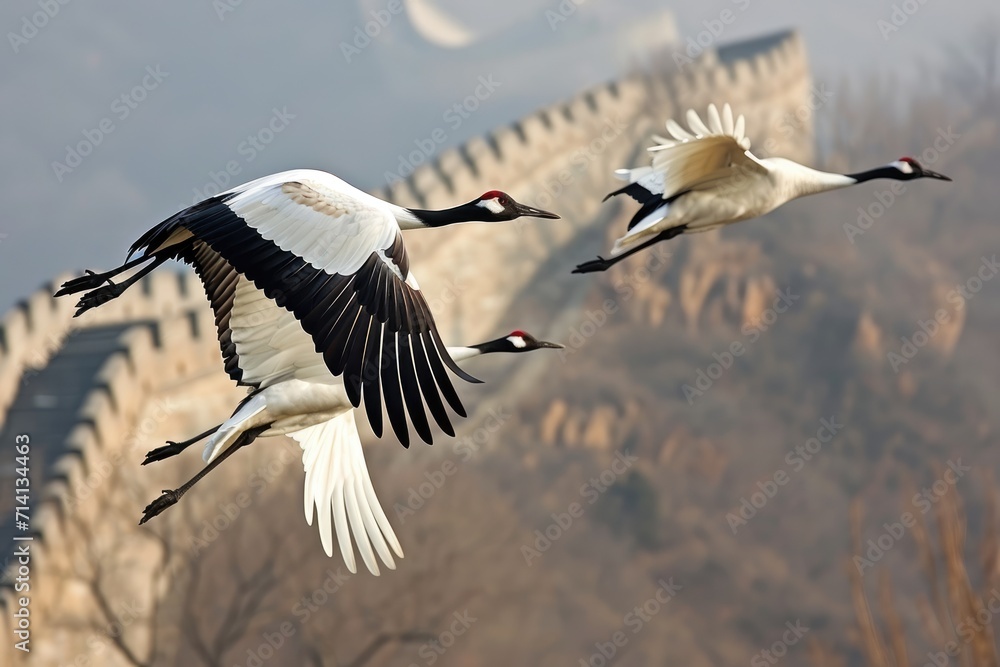 Obraz premium Wings Over Wall: In a Symbolic Flight, Red-crowned Cranes Soar Near the Magnificent Great Wall of China, Unveiling a Tranquil and Graceful Harmony of Nature and Architecture.