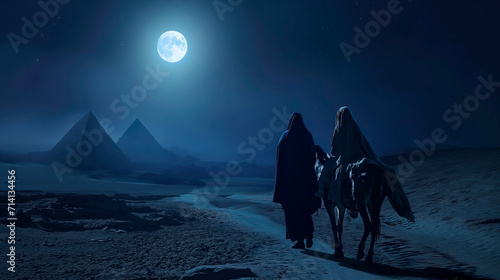 The Holy Family flees to Egypt. Nocturnal journey under the cover of darkness. Copy Space.