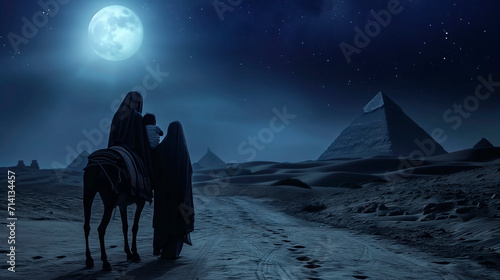 The Holy Family flees to Egypt. Nocturnal journey under the cover of darkness. Copy Space. photo