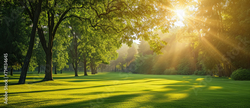 Dawn's golden rays dance through a tranquil park, casting a serene glow on the lush greenery